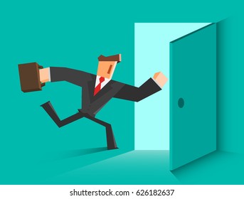 Businessman running in the open door. Vector illustration