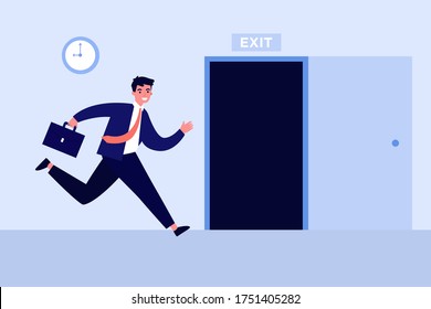 Businessman running to open exit door flat vector illustration. Cartoon office worker using safety way from job during fire or earthquake. Emergency escape and evacuation concept