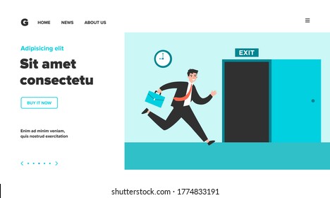 Businessman running to open exit door flat vector illustration. Cartoon office worker using safety way from job during fire or earthquake. Emergency escape and evacuation concept