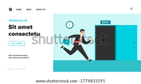 Businessman running to open exit door flat vector illustration. Cartoon office worker using safety way from job during fire or earthquake. Emergency escape and evacuation concept