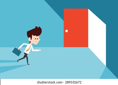 Businessman running to opened door 