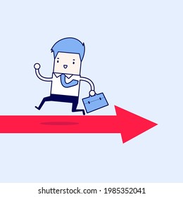 Businessman running opposite arrow way. Cartoon character thin line style vector.