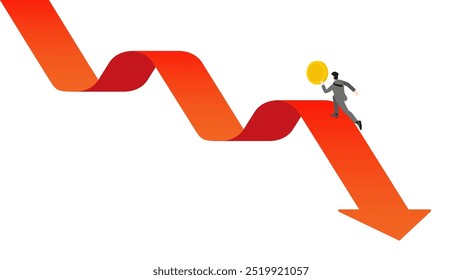A businessman running in the opposite direction of a downward red arrow while holding a coin, investment challenges and economic decline, illustrating the need for careful financial management.