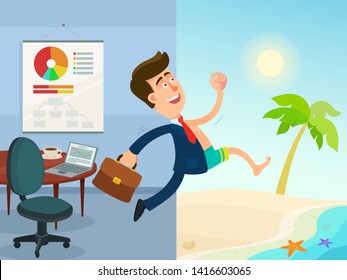 Businessman running out from office to the sea beach. Time to relax and regain your strength. Vacation concept. Business vector illustration, flat cartoon style.