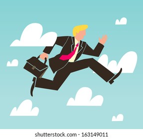 Businessman running over the clouds