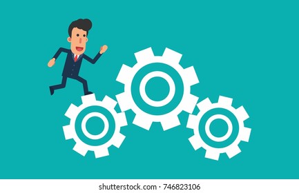 Businessman running over mechanism gears simple cartoon character vector illustration in flat modern design isolated in turquoise background