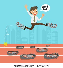 Businessman running overcome traps, vector illustration cartoon