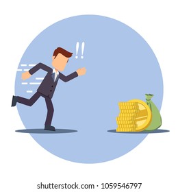 businessman running to pack of money