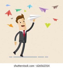 Businessman running with a paper plain in raised hand. Concept of business startup, launch of new project. Vector, illustration, flat