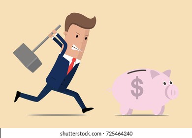 Businessman running to piggy bank with hammer. Businessman try to brake piggy bank. Vector illustration