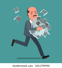 A businessman is running with a pile of documents in his hands. Vector illustration, a flat style design. Suitable for animation (individual segments).