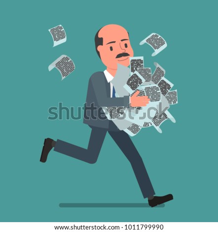 A businessman is running with a pile of documents in his hands. Vector illustration, a flat style design. Suitable for animation (individual segments).