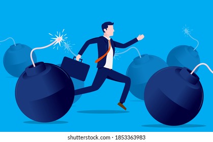 Empresario huyendo de problemas - Hombre tratando de evitar la crisis cuando todo está a punto de estallar. Crisis, pánico y concepto de bancarrota. Ilustración vectorial.