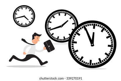 Businessman running a race against time, time management concept, vector illustration