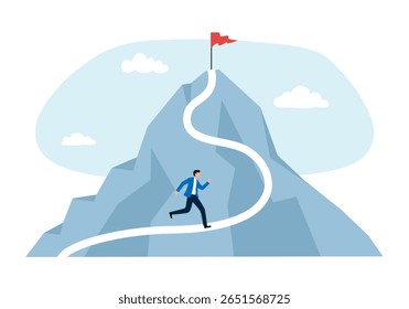 Businessman running up to the red flag on mountain, Career, challenge, trouble, obstacles, path to the goal, business concept growth to success, reach the target.