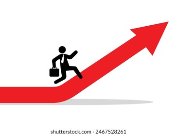 businessman running up a rising arrow graph towards the peak, depicting an entrepreneur's struggle to achieve success