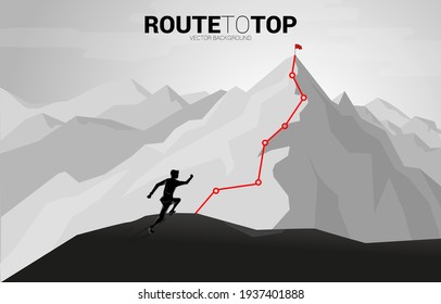 Businessman running to Route to the top of mountain. Concept of Goal, Mission, Vision, Career path, Vector concept Polygon dot connect line style