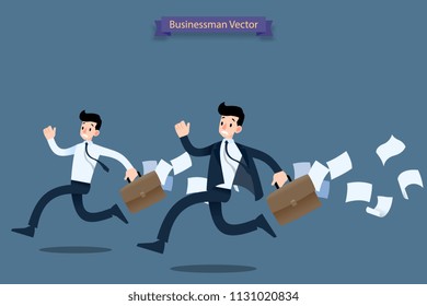 Businessman running rush in a hurry by work  late with suitcase and falling papers behind and feel very busy.
