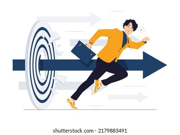 Businessman running, rushing forward and breaking target archery to Successful. Business plan, Market targeting, Target with an arrows, and achieve target goals achievement concept illustration