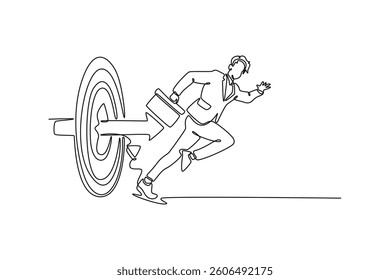 Businessman running, rushing forward and breaking target archery to Successful. Personal goals concept. Single line draw design. Vector graphic illustration