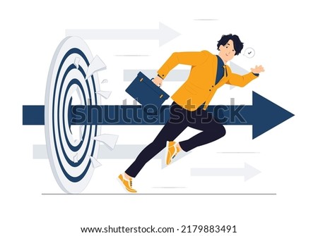 Businessman running, rushing forward and breaking target archery to Successful. Business plan, Market targeting, Target with an arrows, and achieve target goals achievement concept illustration