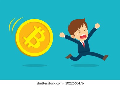 Businessman running are sad at the bitcoin price drop. Cryptocurrency market concept. Flat cartoon character design.