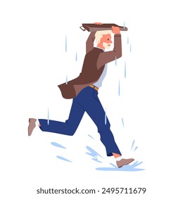 Businessman running for shelter in rain. Elderly man with beard walking through puddles in street, male character holding briefcase above head to protect from water drips cartoon vector illustration