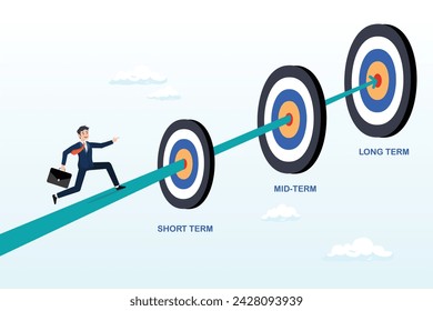 Businessman running to short, medium and long term goals, short term, mid-term and long term goals, step to reach success or achievement, aim for targets, objectives, challenge to goals (Vector)