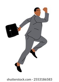 Businessman running side view. Business man wearing formal suit with briefcase in hurry to success. Vector flat illustration isolated on transparent background