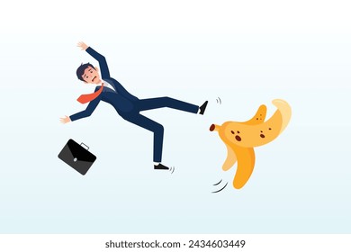 Businessman running and slipping with big banana peels on the ground, business mistake or accident, insurance, disaster suddenly happened without warning or risk and danger in investment (Vector)