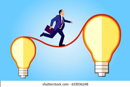 Businessman running from a small light bulb idea to a big one on a blue sky background 
