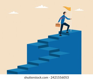 businessman running up stair to reach goal Stair to success path business target vector illustration	
