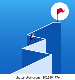 Businessman running up stair step to the flag of success. Opportunities, future business trends. Vision concept. Cartoon Vector Illustration.