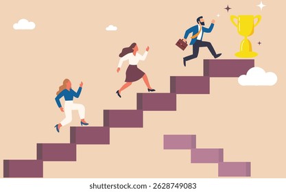 Businessman running up stairs abstract steps to success growth concept flat design illustration