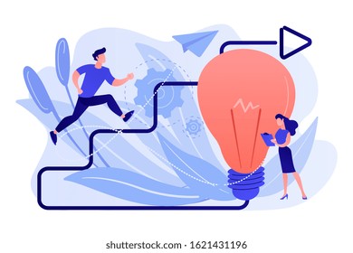 Businessman running up stairs arrow to lightbulb. Creative inspiration, how to find inspiration and unlocking creativity concept on white background. Pink coral blue vector isolated illustration