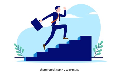 Businessman Running Up Stairs - Determined Man On Way To The Top Of Staircase In Business And Career. Flat Design Vector Illustration With White Background