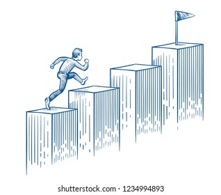 Businessman running up stairs. Man walking to target. Success career and business opportunity hand drawn vector concept