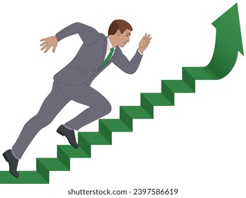 businessman running up stairs on upward arrow isolated on a white background