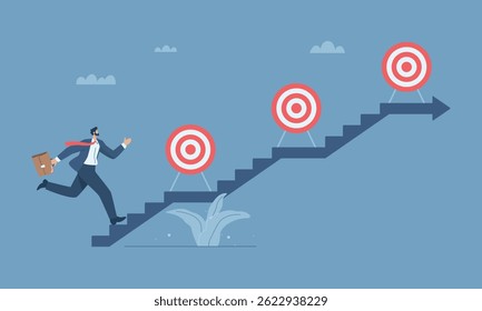 Empresário correndo escadas acima com metas definidas nos degraus, Definindo metas para alcançá-los passo a passo, Motivação para alcançar metas. Ilustração de design de vetor plano.
