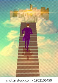 Businessman running up stairway to the gold city. Business concept growth and the path to success through the sky, Flat design vector illustration