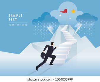 Businessman running up stairway to the Red Flag on mountain, Career, Challenge, Trouble, obstacles, Path to the goal, Business concept growth to success, Reach the target, Cartoon vector illustration