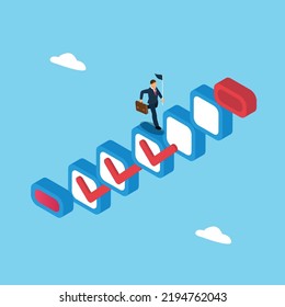 Business Man Running Up Treppe - Plan - Liste isometrischer 3D Vektorgrafik Konzept für Banner, Website, Illustration, Landing Page, Flyer, etc.