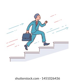 Businessman running up stairway to the target, career growth sketch vector illustration isolated on white background. Concept of success and professional progress.