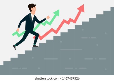 Businessman running up stairway to the target, career growth vector illustration. Concept of success and professional progress.