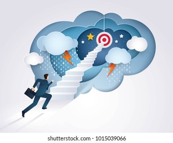 Businessman running up stairway to the target, Challenge, Trouble, obstacles, Path to the goal, Business concept growth to success, Creative ideas, Reach the target, Paper art vector and illustration
 - Shutterstock ID 1015039066