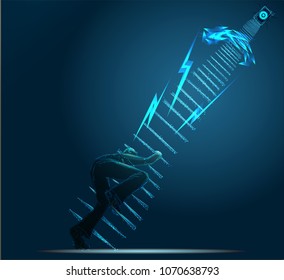 Businessman running up stairway to the target, challenge, trouble, obstacles, path to the goal, business concept growth to success. Creative ideas, reach the target. Low poly vector