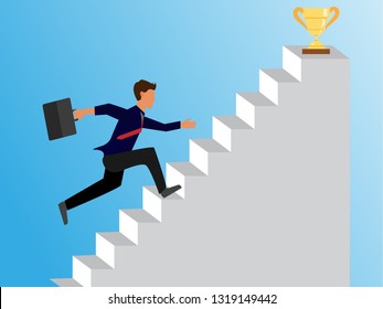 Businessman running up stairway to the top of mountain, Business concept growth and the path to success, Flat design vector illustration