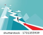 Businessman running to the success flag on top of the mountain,  symbol of the startup, business finance concept, achievement, leadership, vector illustration flat style