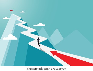 Businessman running to the success flag on top of the mountain,  symbol of the startup, business finance concept, achievement, leadership, vector illustration flat style