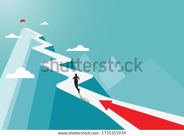 Businessman running to the\
success flag on top of the mountain,  symbol of the startup,\
business finance concept, achievement, leadership, vector\
illustration flat\
style